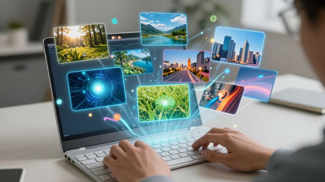 Person editing video with text prompts on a futuristic keyboard.