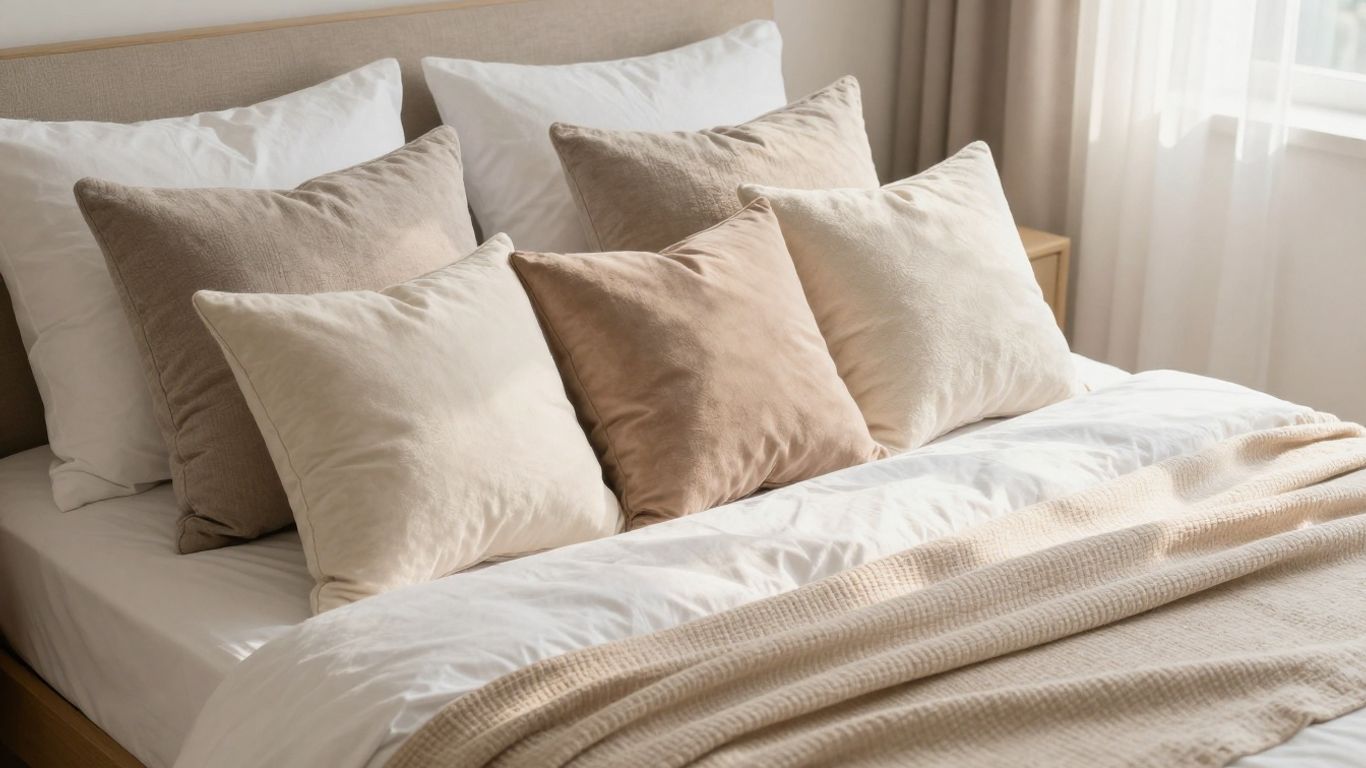 Cozy bedroom bed with decorative throw pillows.