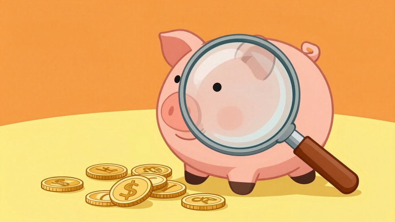 Cartoon piggy bank with coins and magnifying glass.