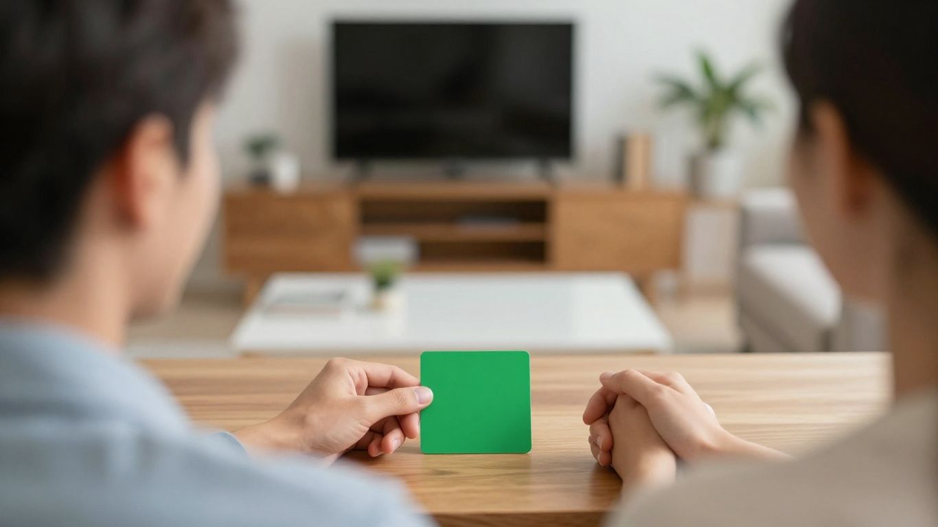 Couple holding hands with green card on table.