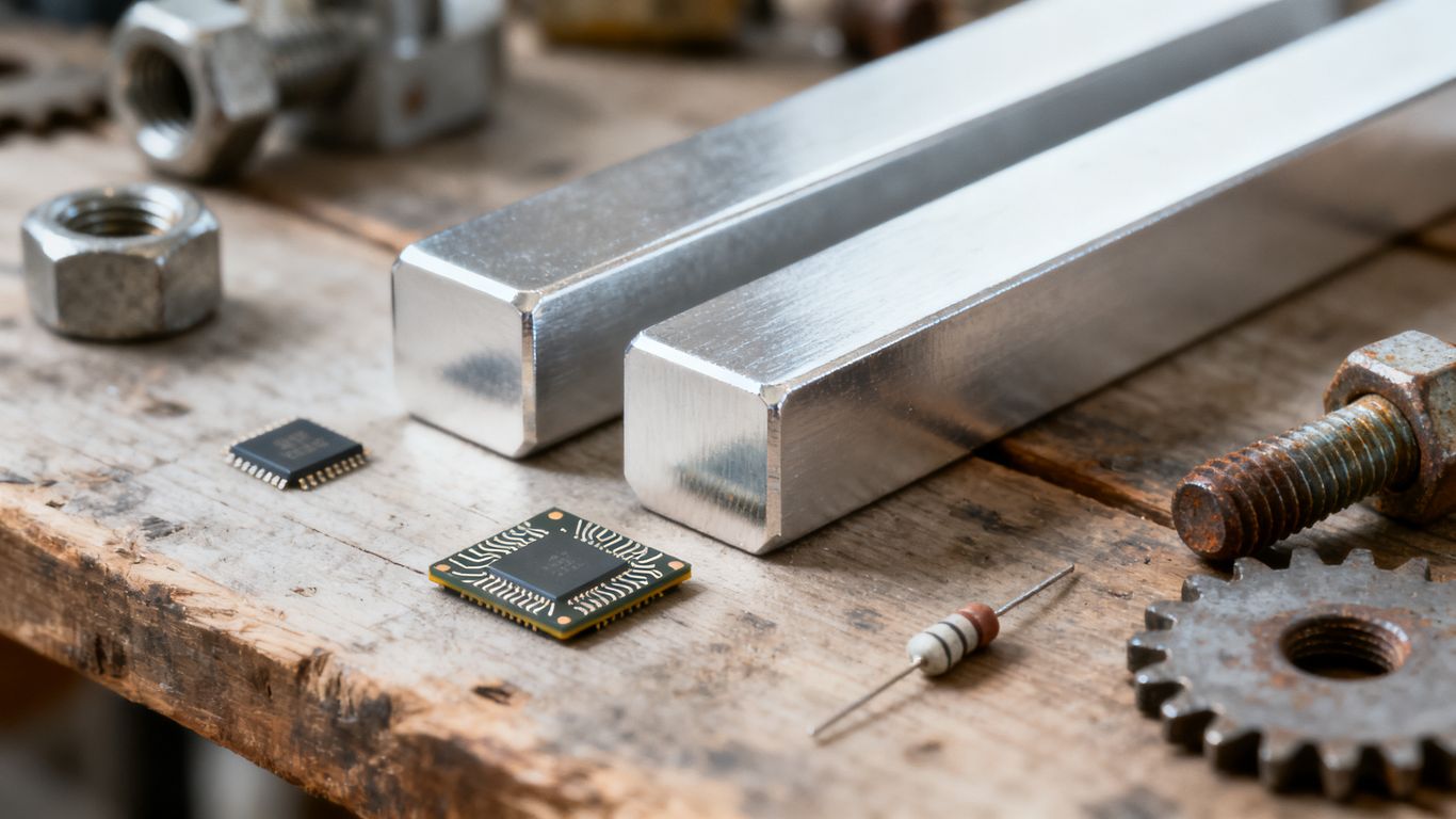 Silver bars beside industrial components on a workbench