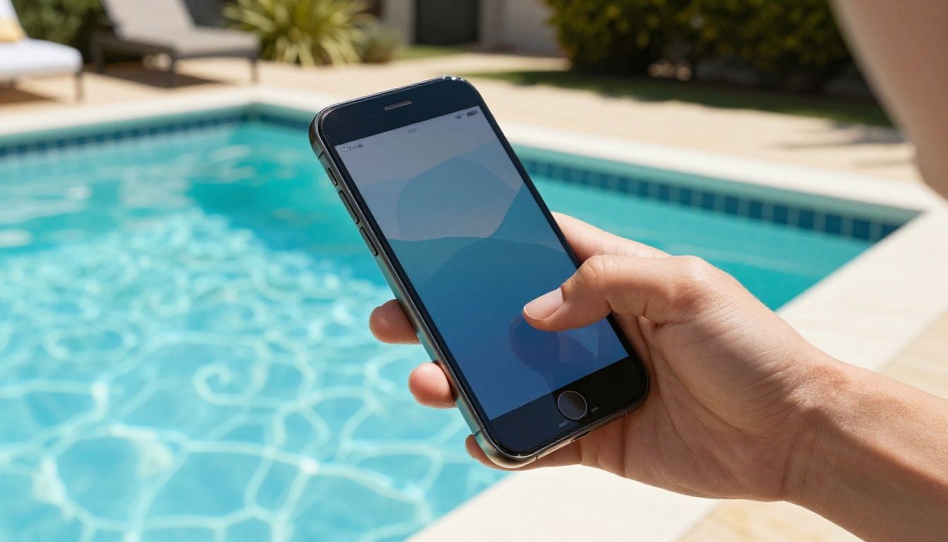 A person using their iPhone 16 Pro Max near a swimming pool in a sunny Australian backyard