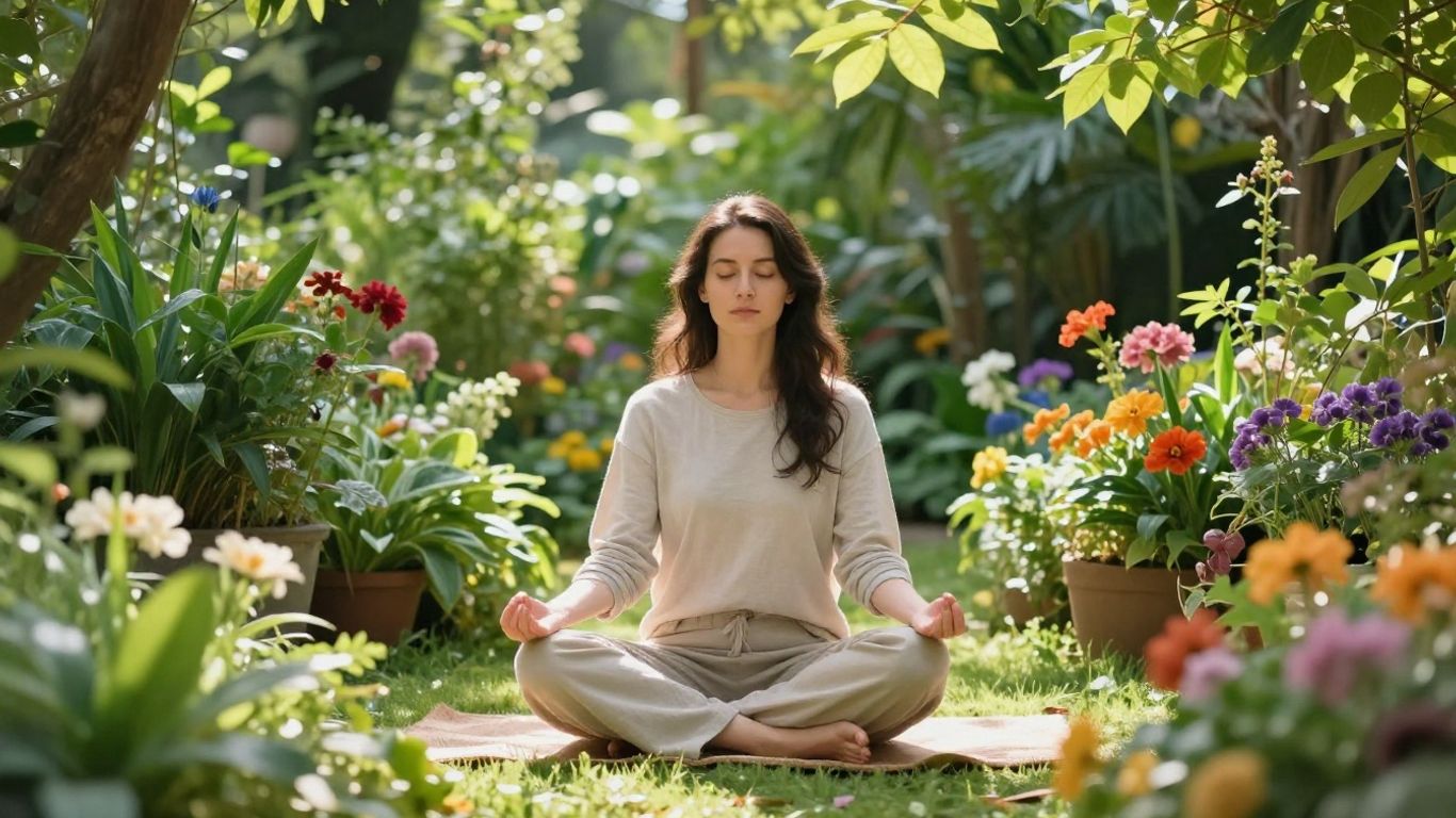 Pessoa meditando em um jardim tranquilo e ensolarado.