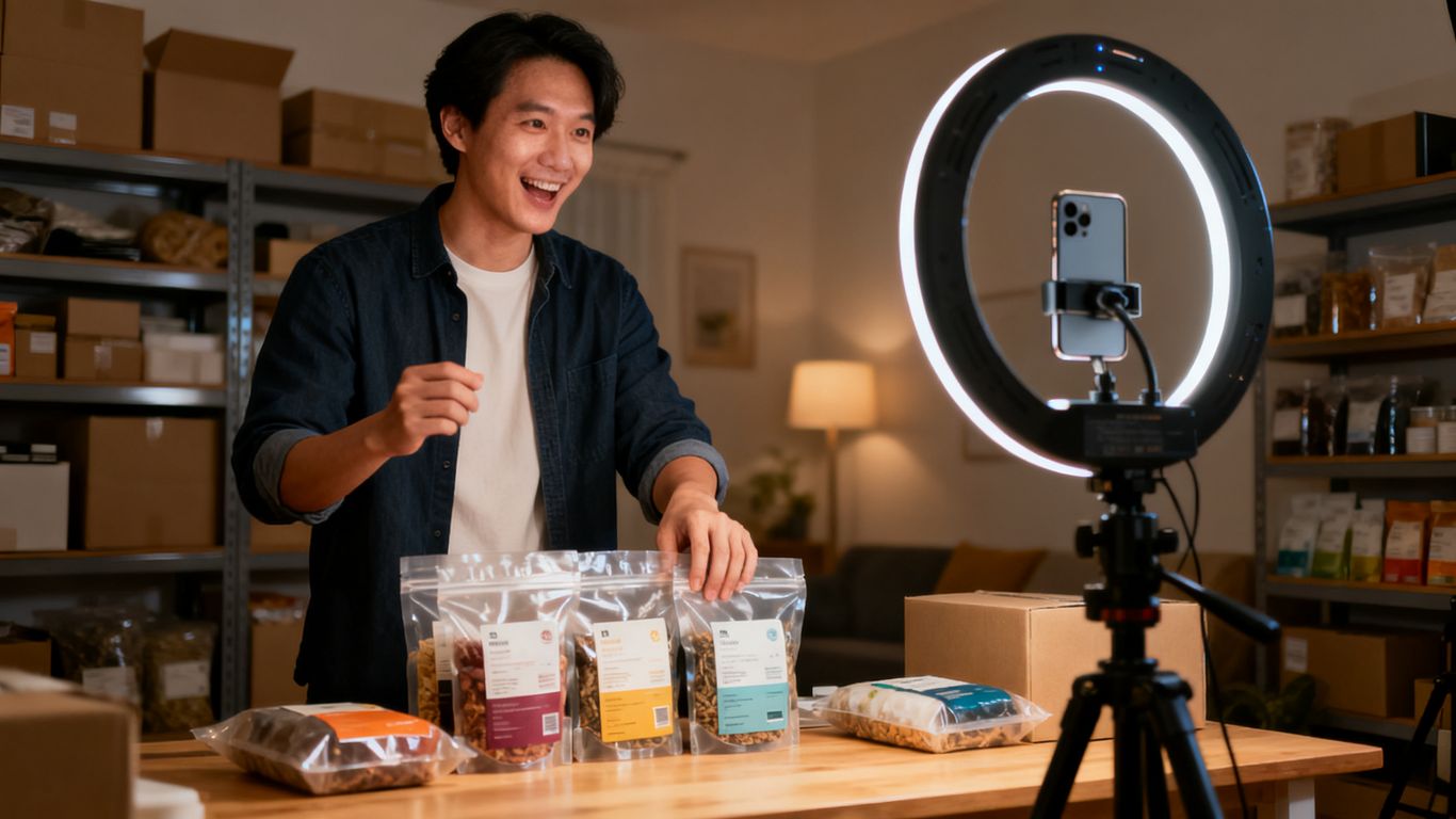 Host demonstrating products during live shopping session