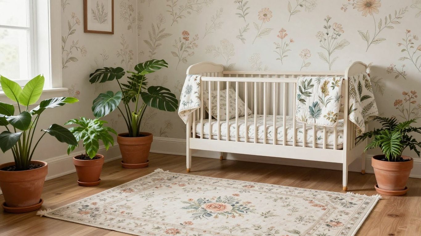 Vintage nursery with floral wallpaper and botanical accents.