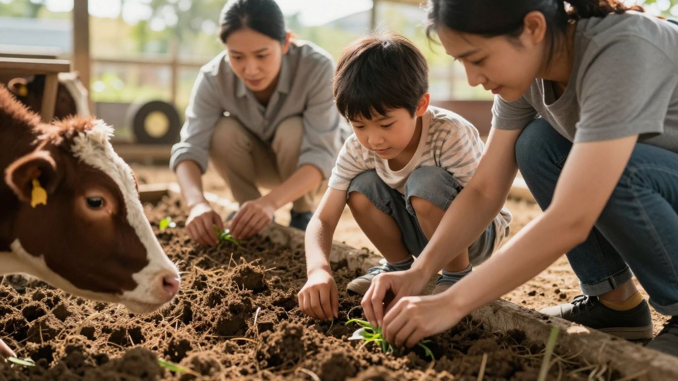 Familia trabajando junta en una granja pequeña.