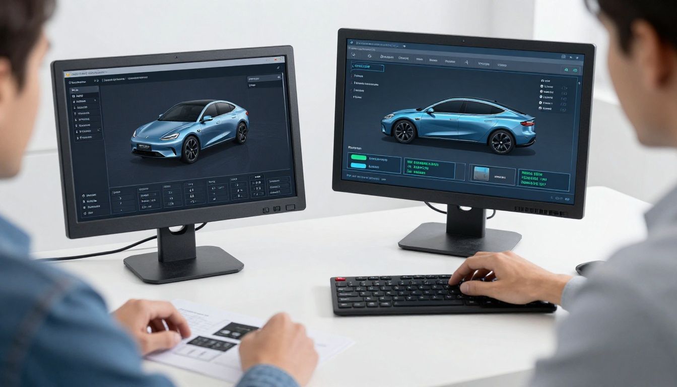 Ein Techniker prüft den Batteriezustand eines Elektroautos mit einem Diagnosegerät