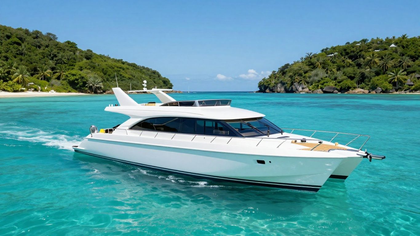 Catamaran sailing on clear blue ocean water.