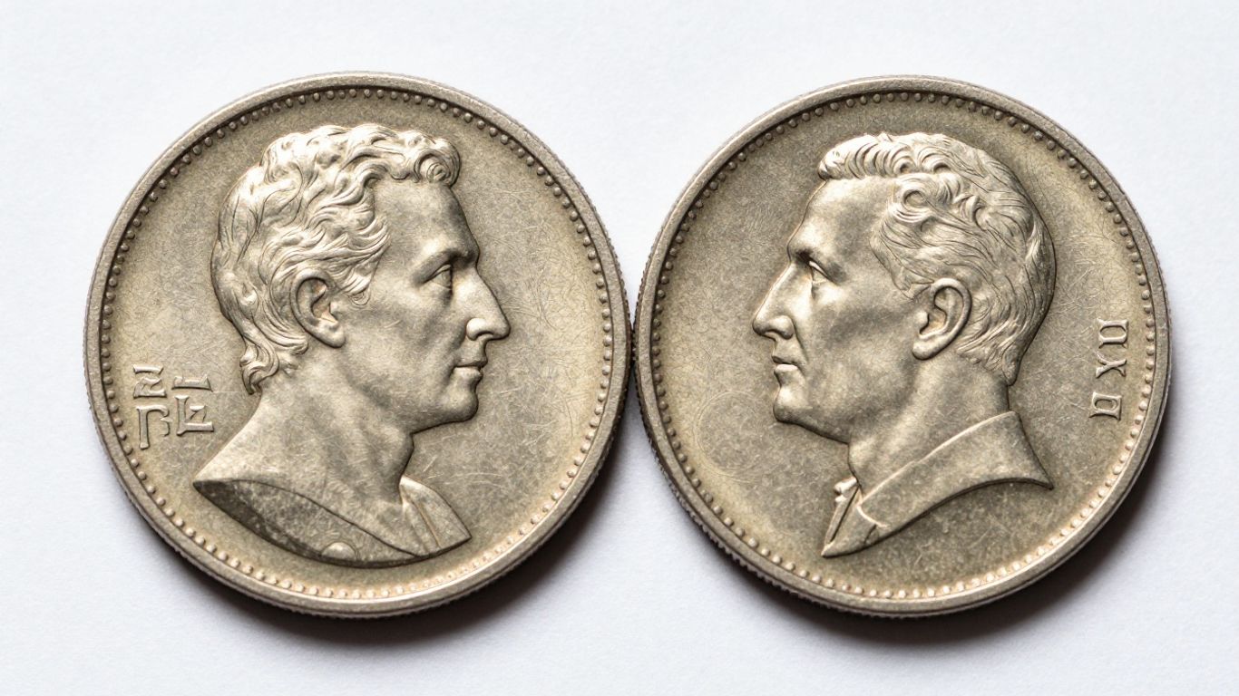 A close detail photograph of a double struck coin