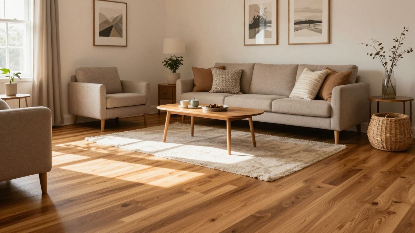 Warm, natural-toned hardwood flooring in a cozy living room.