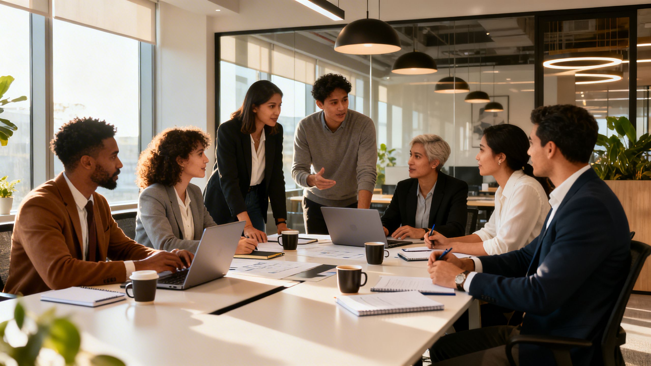A diverse team of professionals collaborating in a modern office, discussing client strategy around a central tablet.