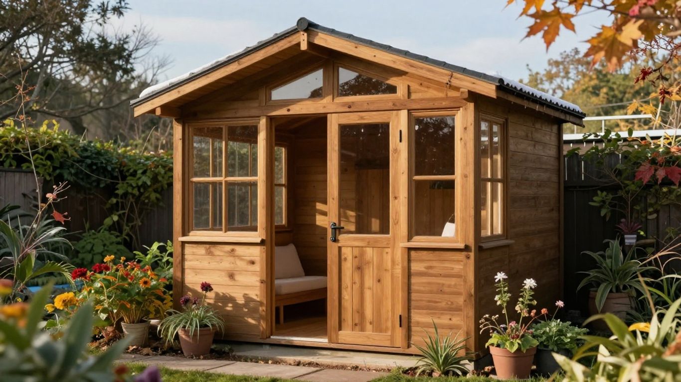 Custom shed with seasonal garden and sunlight.