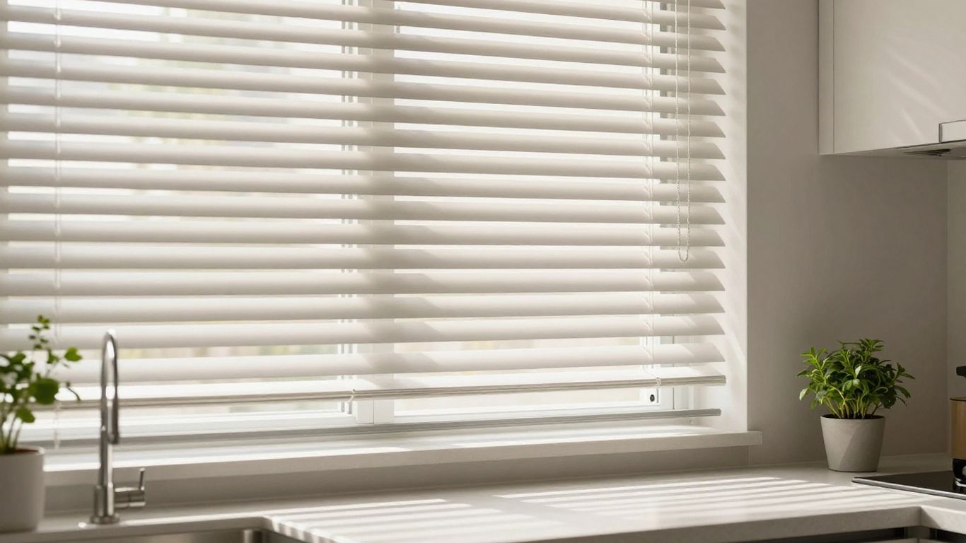 Kitchen window blinds letting in natural light.