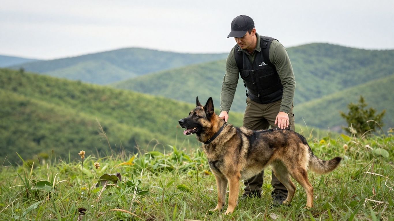 Professional dog training session in a natural Tennessee setting.