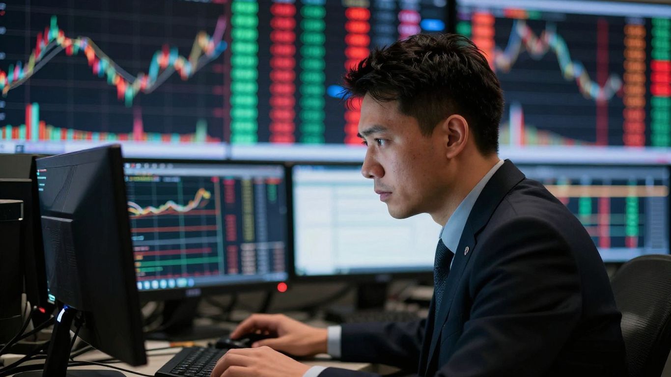 Forex trader focused on market movements, global finance.