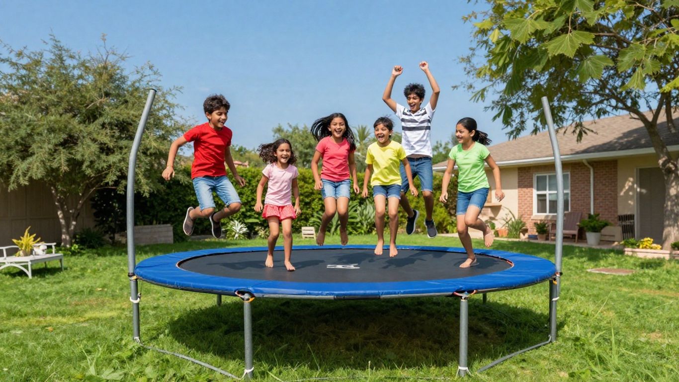 Family enjoying a trampoline in a sunny backyard.