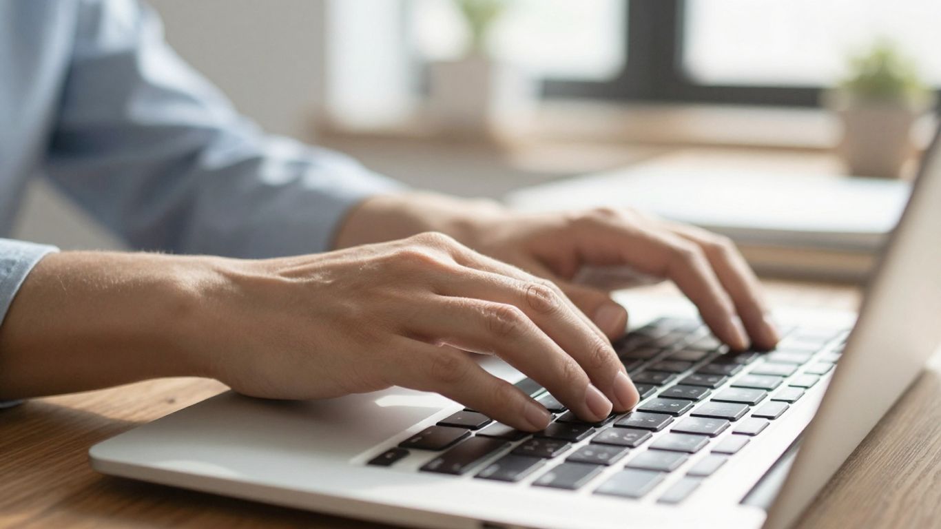 Person typing on a laptop keyboard.
