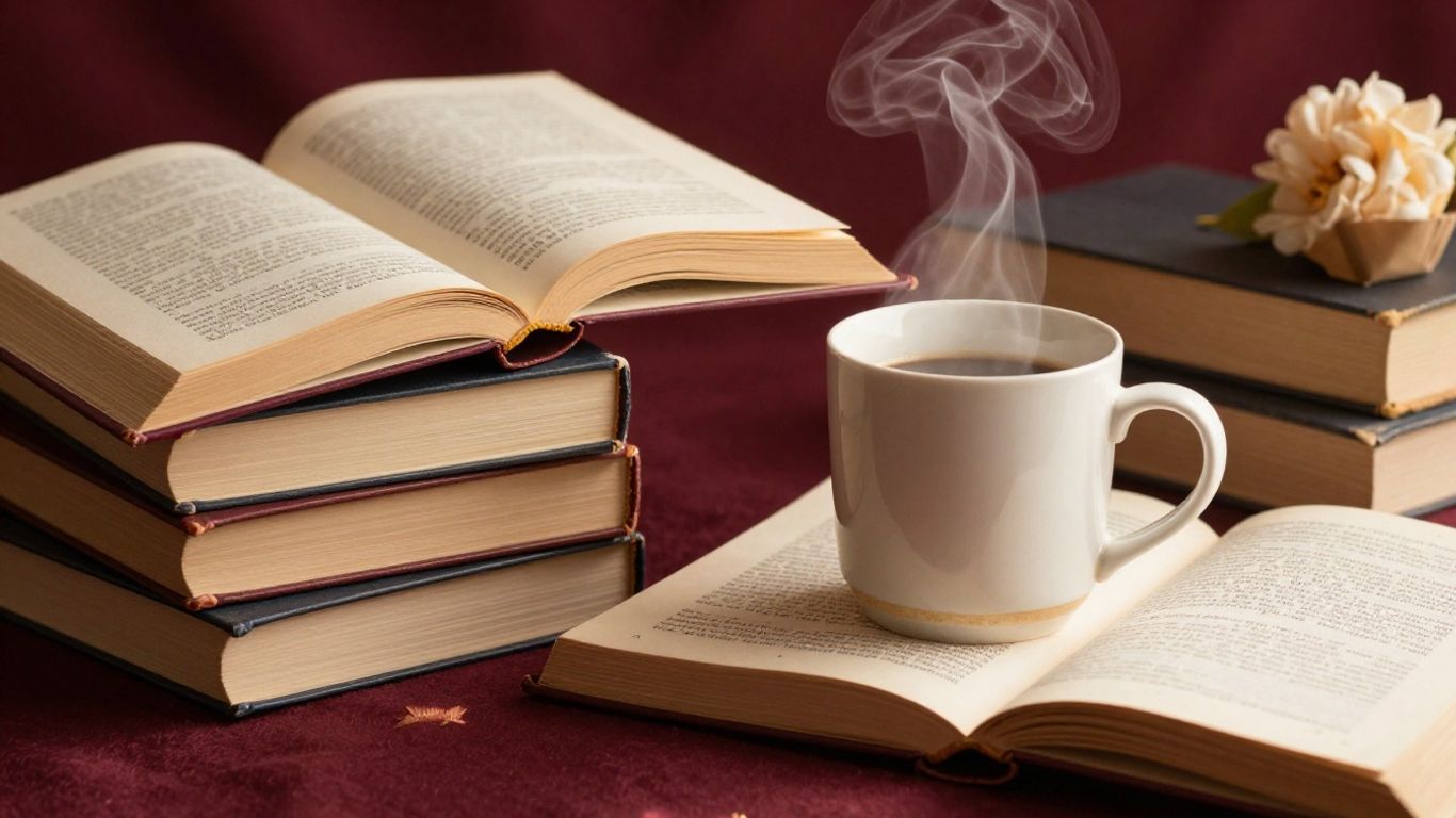 Cozy book stack with warm lighting and a steaming mug.