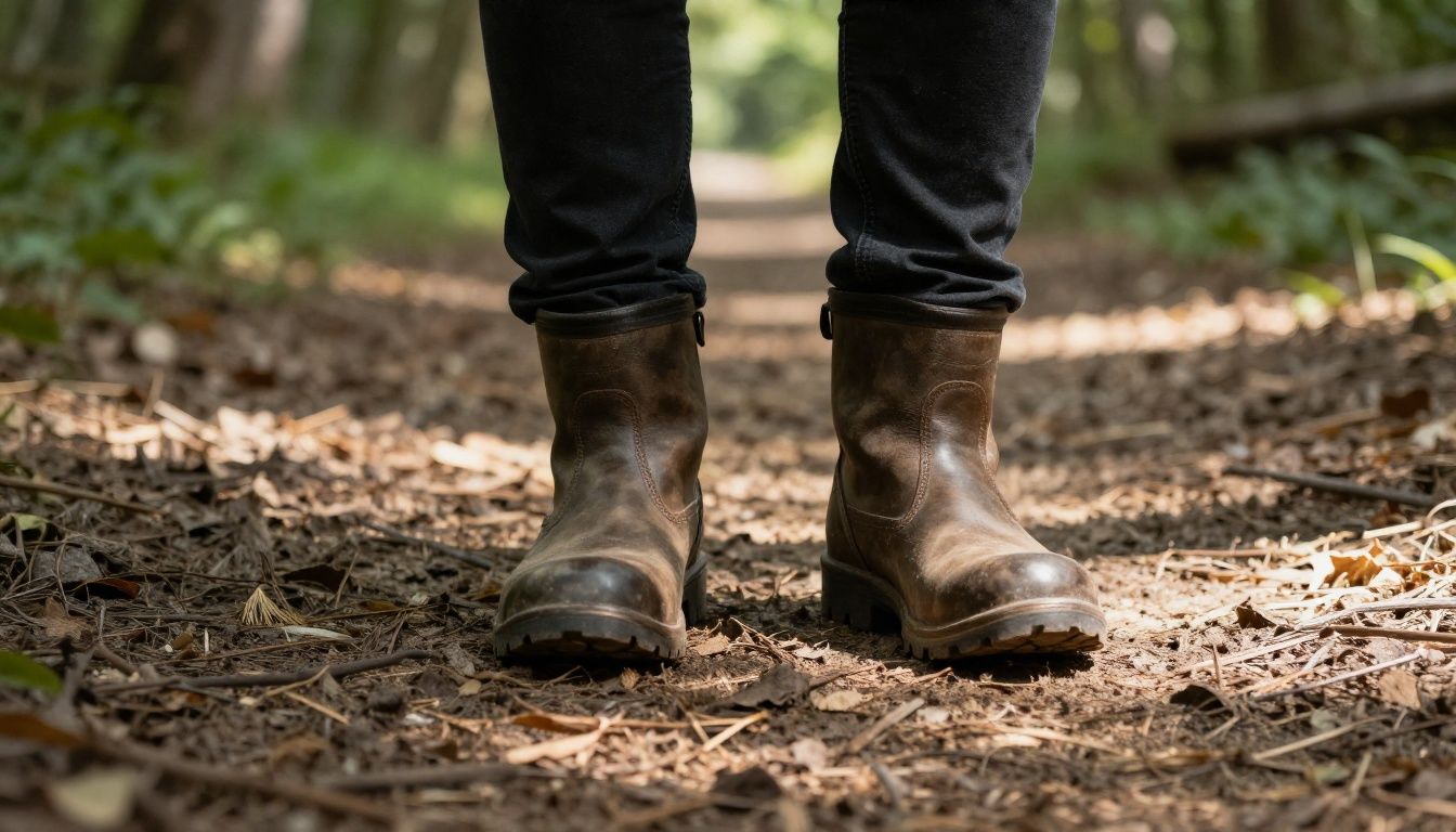 A person's feet in sturdy boots taking a single step forward on a rustic, sunlit dirt path in a forest, symbolizing taking the next faithful step.