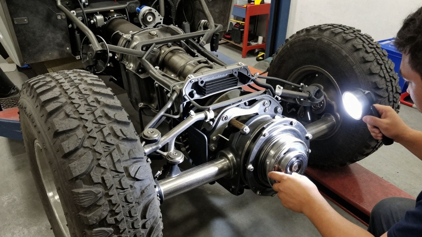 Technician inspecting an all terrain vehicle drivetrain