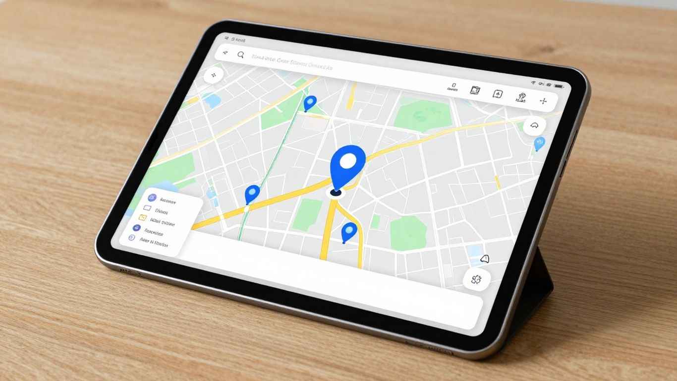 A modern tablet screen showing digital map markers.