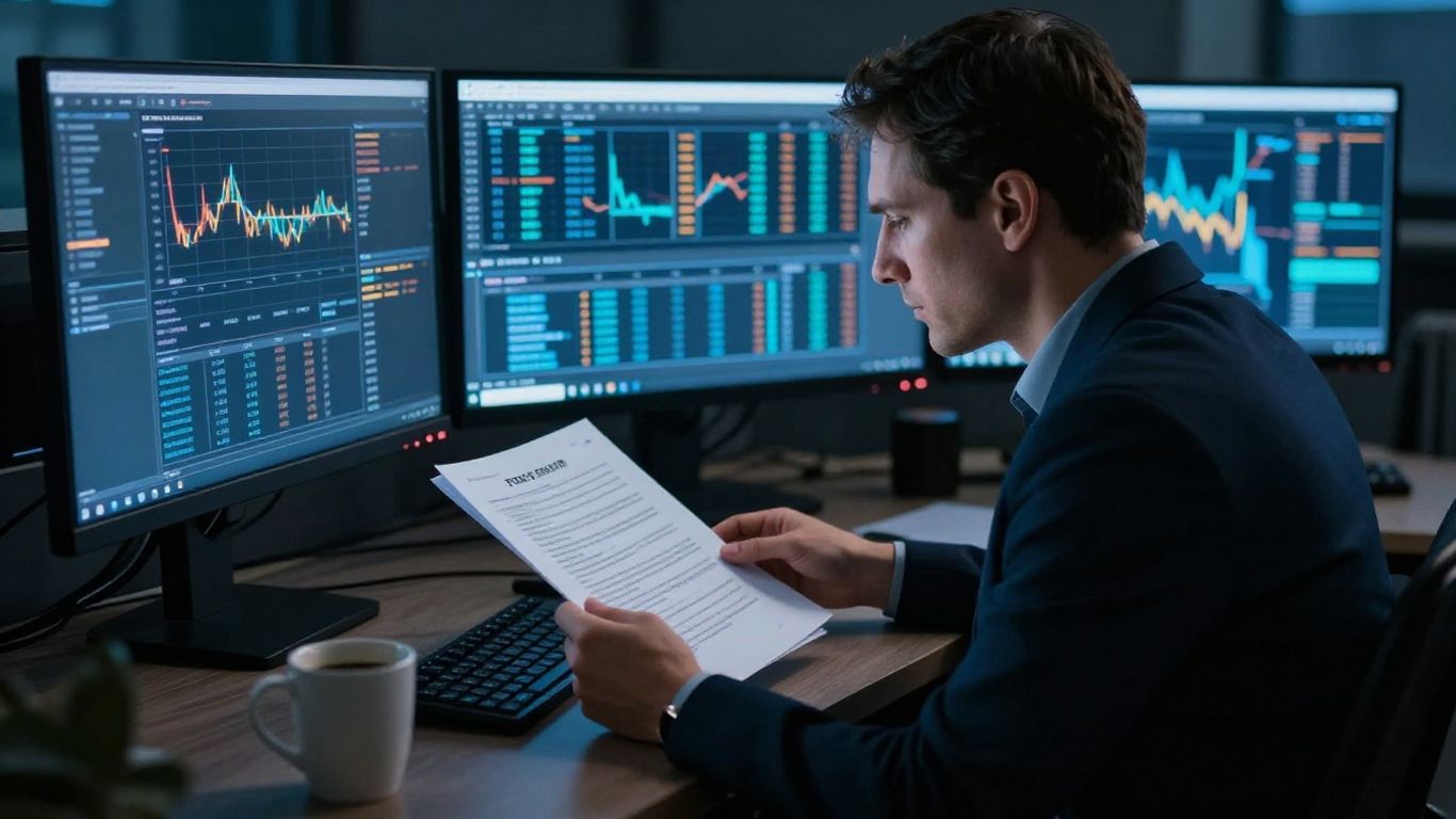 Trader reviewing automated trading rules beside multiple monitors