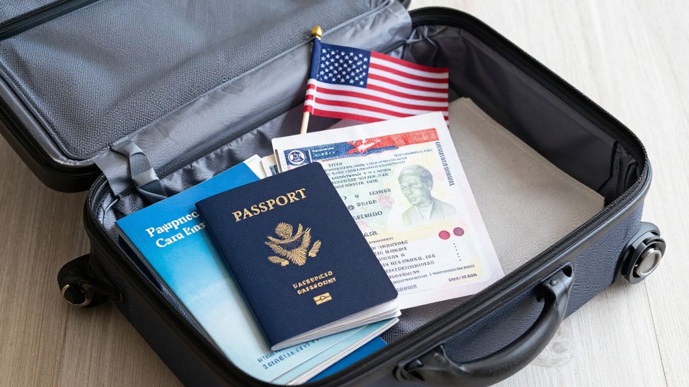 Valise ouverte avec passeport, visa et guide de voyage.