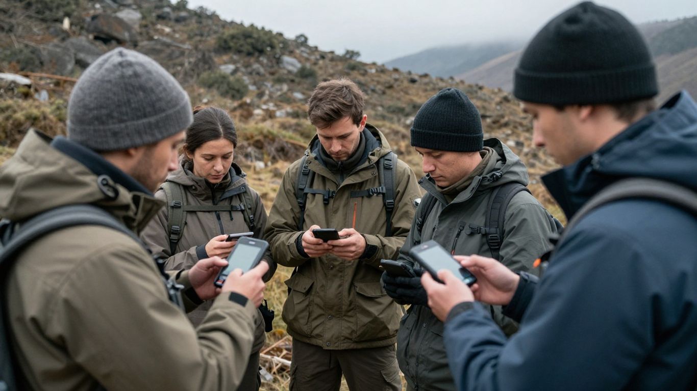 People using Meshtastic devices in an outdoor emergency.