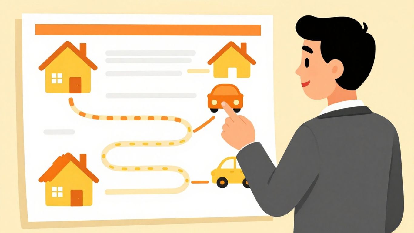 Cartoon lender reviewing animated credit report with financial icons.