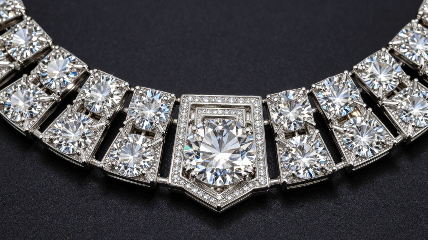 Art Deco diamond necklace with geometric patterns.