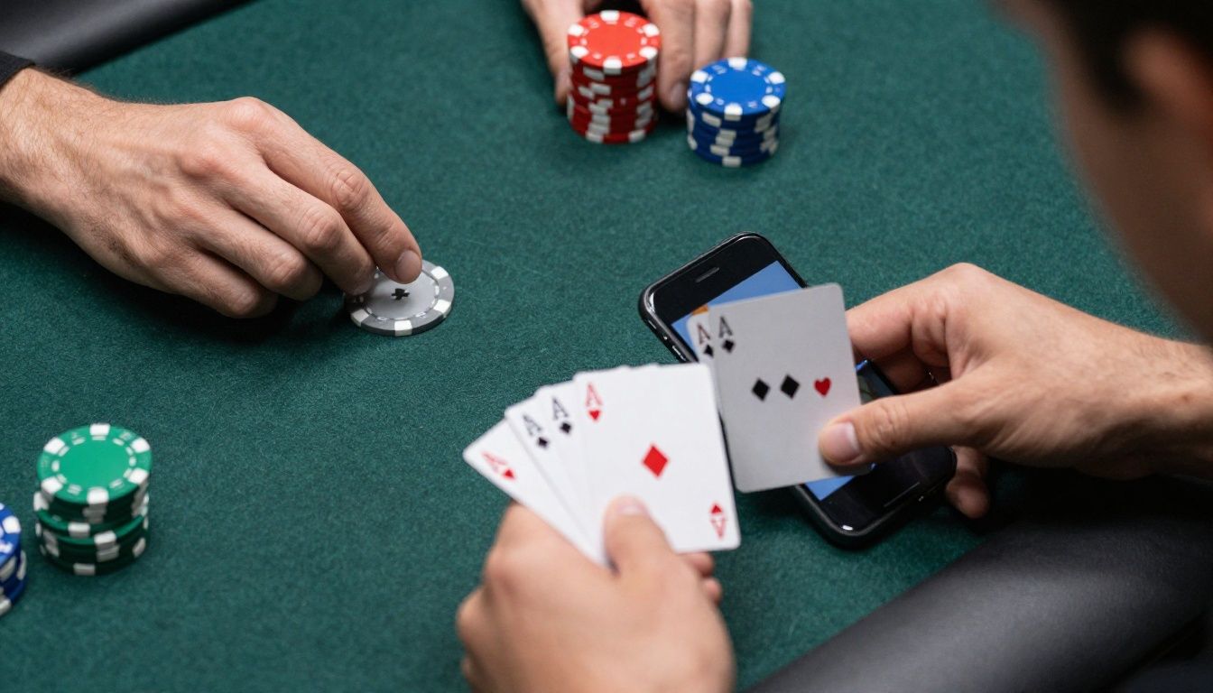 Um jogador focado analisando sua mão de cartas em um dispositivo mobile