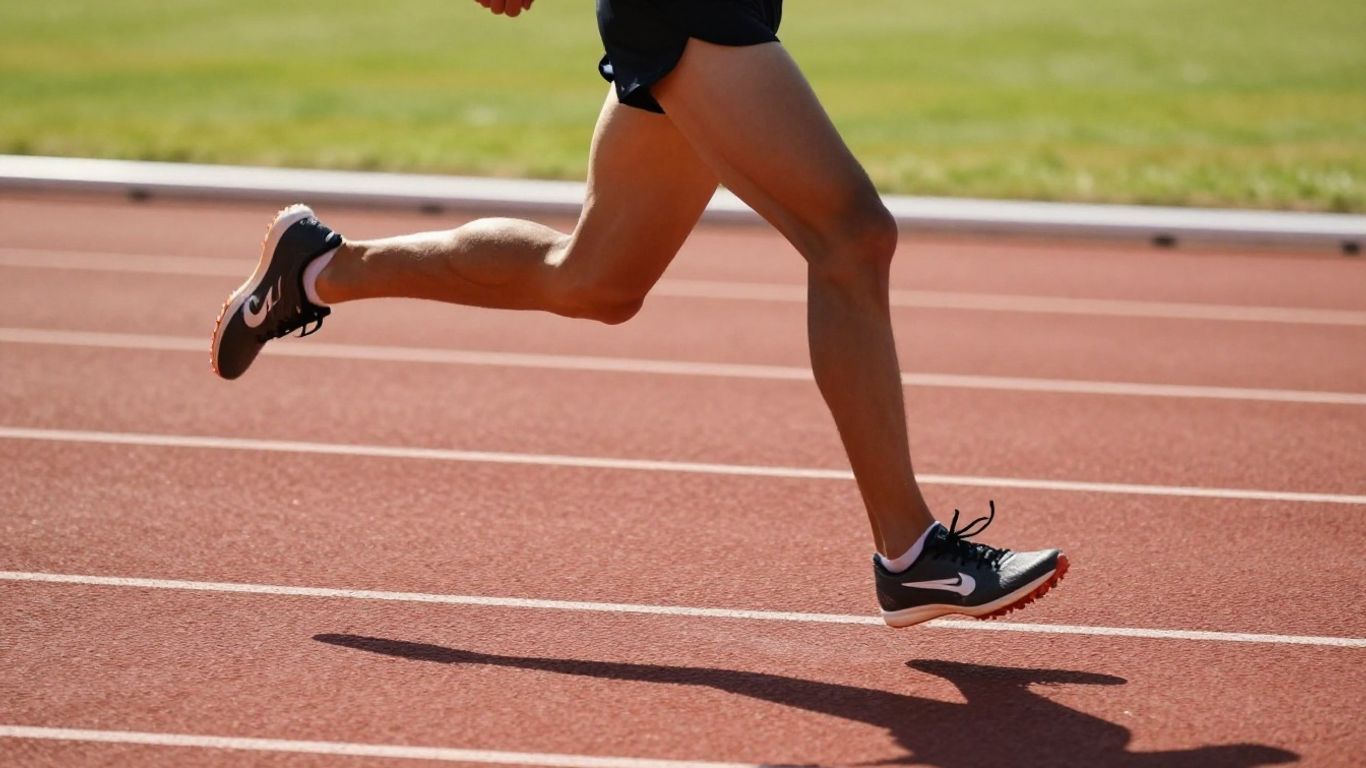 Runner on a track, mid-stride, conveying speed.
