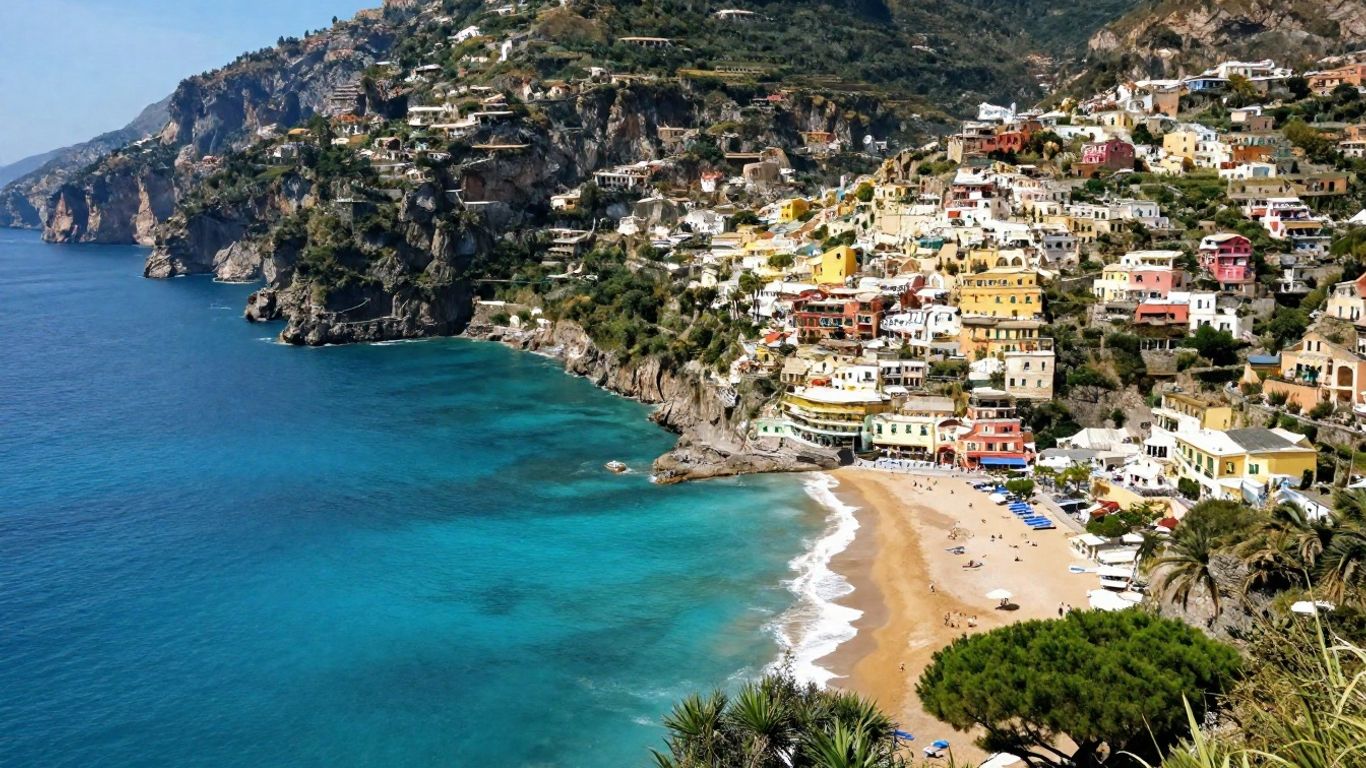 Italy coast with beaches and colorful villages.
