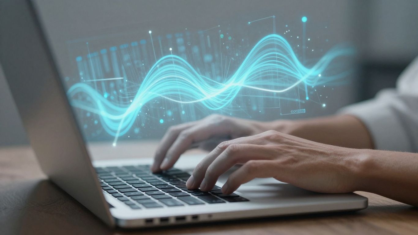 Mains tapant sur un clavier d'ordinateur portable avec des données lumineuses.