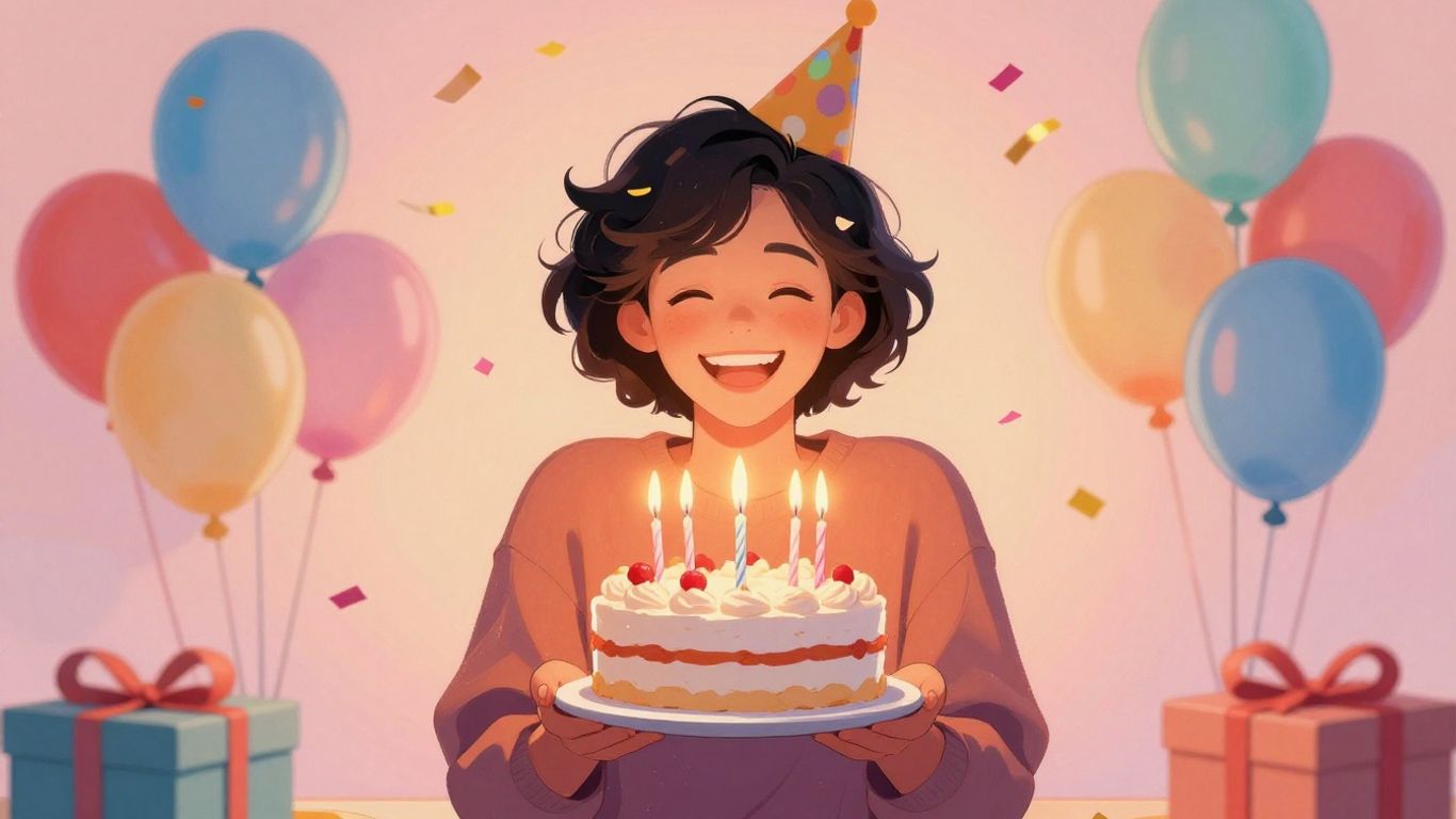 Birthday celebration with cake, confetti, and a smiling person.