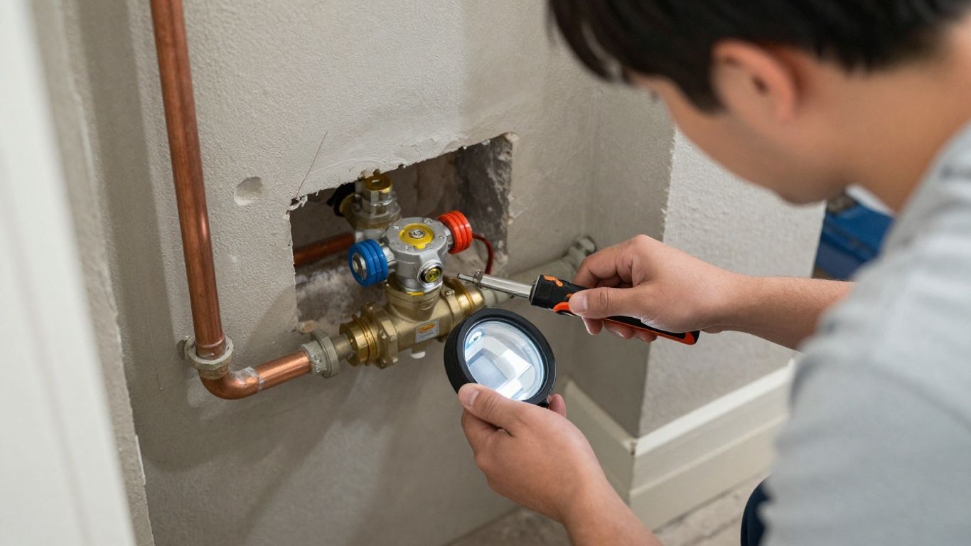 A plumber inspecting household water pipes