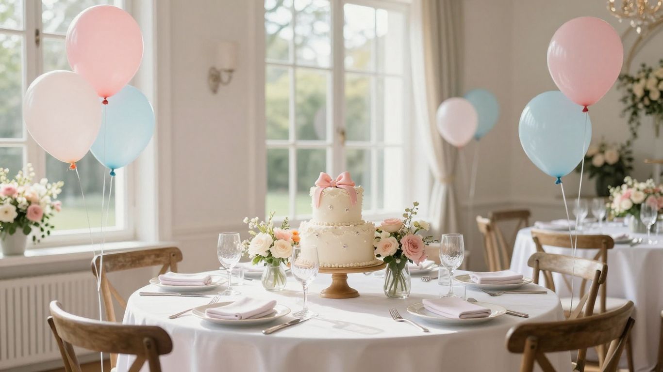 Elegant baby shower venue in Dallas with balloons and cake.