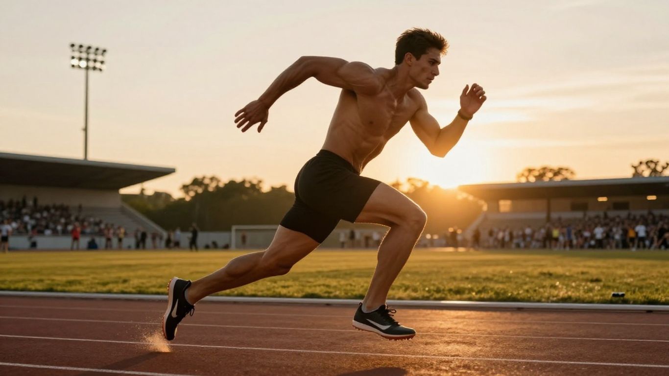 Athlete running on a track at sunset.