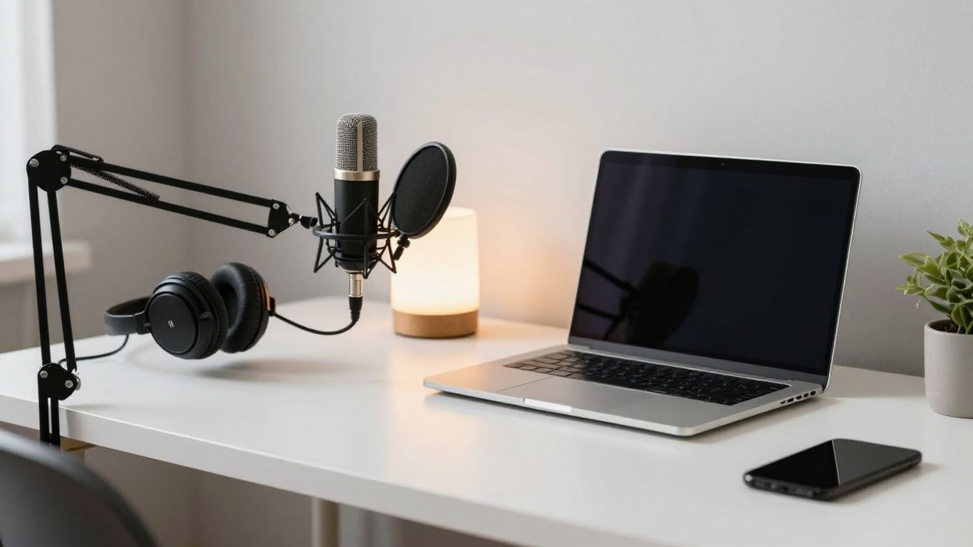 Equipo de podcasting económico en un escritorio.