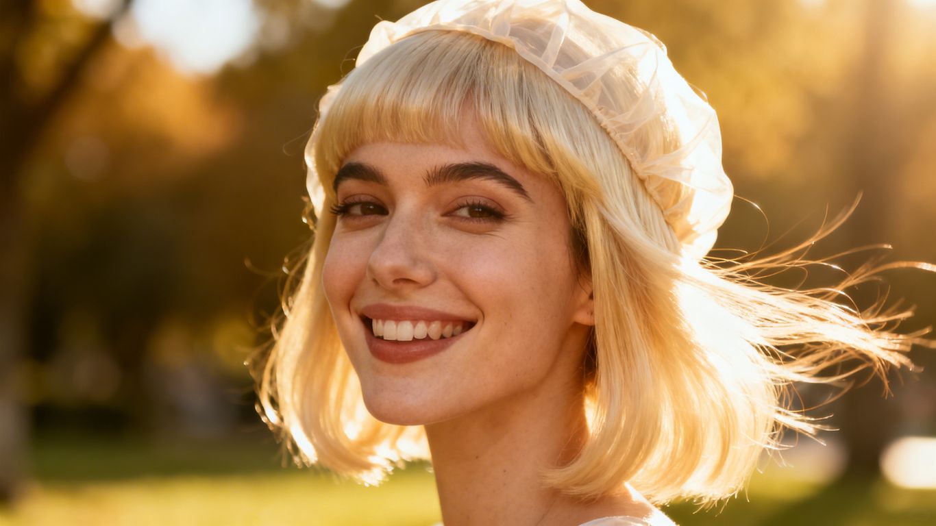 Woman wearing a breathable wig in warm weather.
