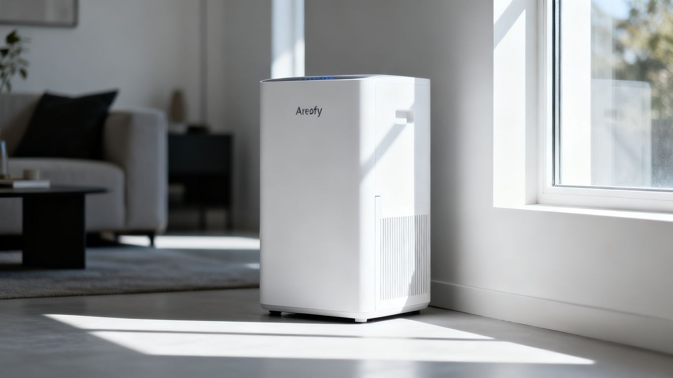 Modern dehumidifier operating in a minimalist home setup