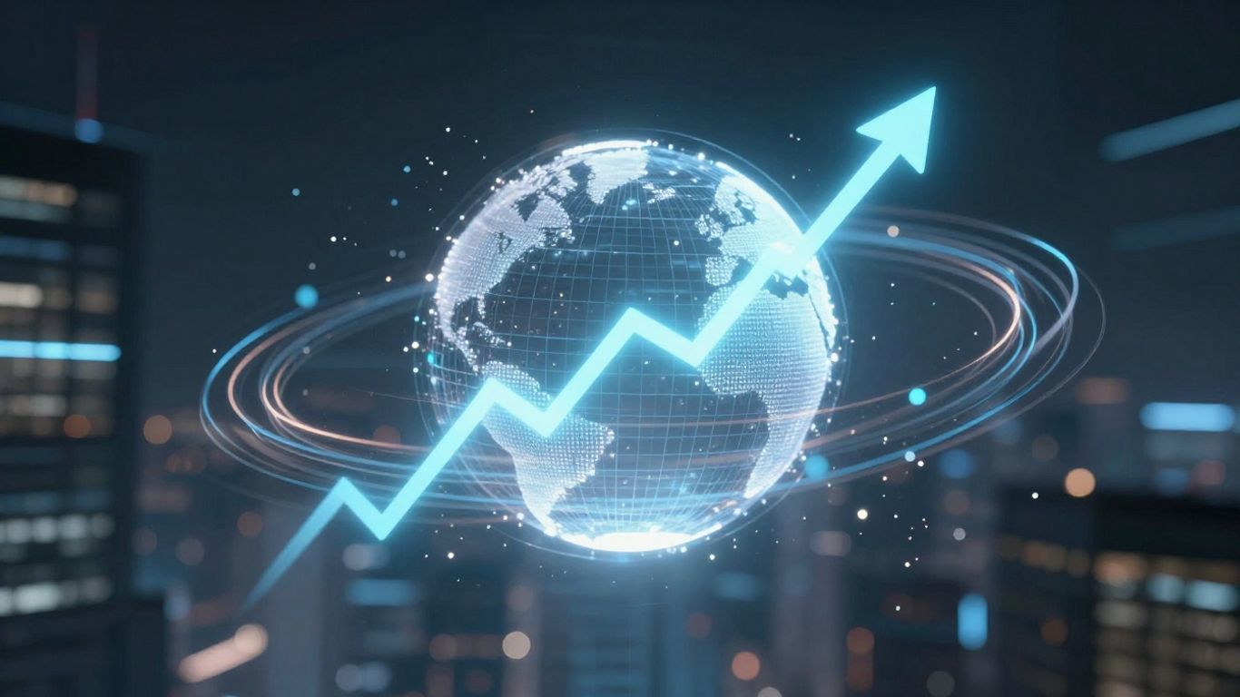 Upward trend with digital elements and futuristic cityscape.