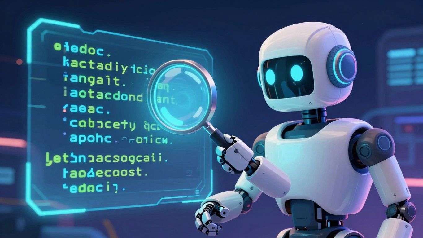 Robot analyzing digital code with a magnifying glass.