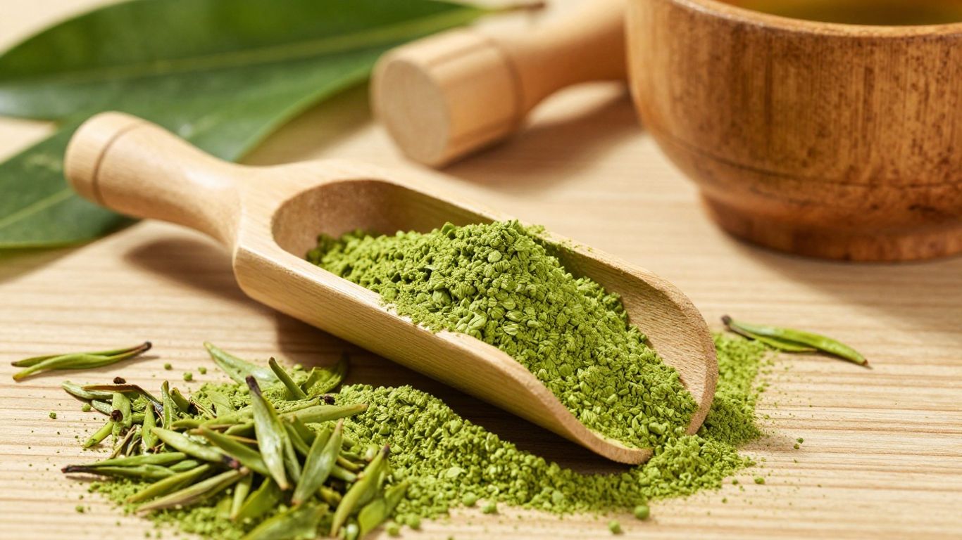 Premium matcha powder in a bamboo scoop with scattered leaves.