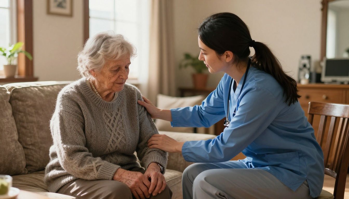 A compassionate home care aide gently helps an elderly woman with her sweater in a warm, sunlit living room, showcasing dignity and support.