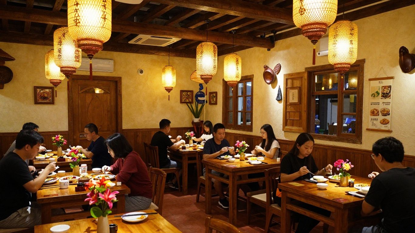 Hanh Phuc Restaurant interior with lanterns and flowers