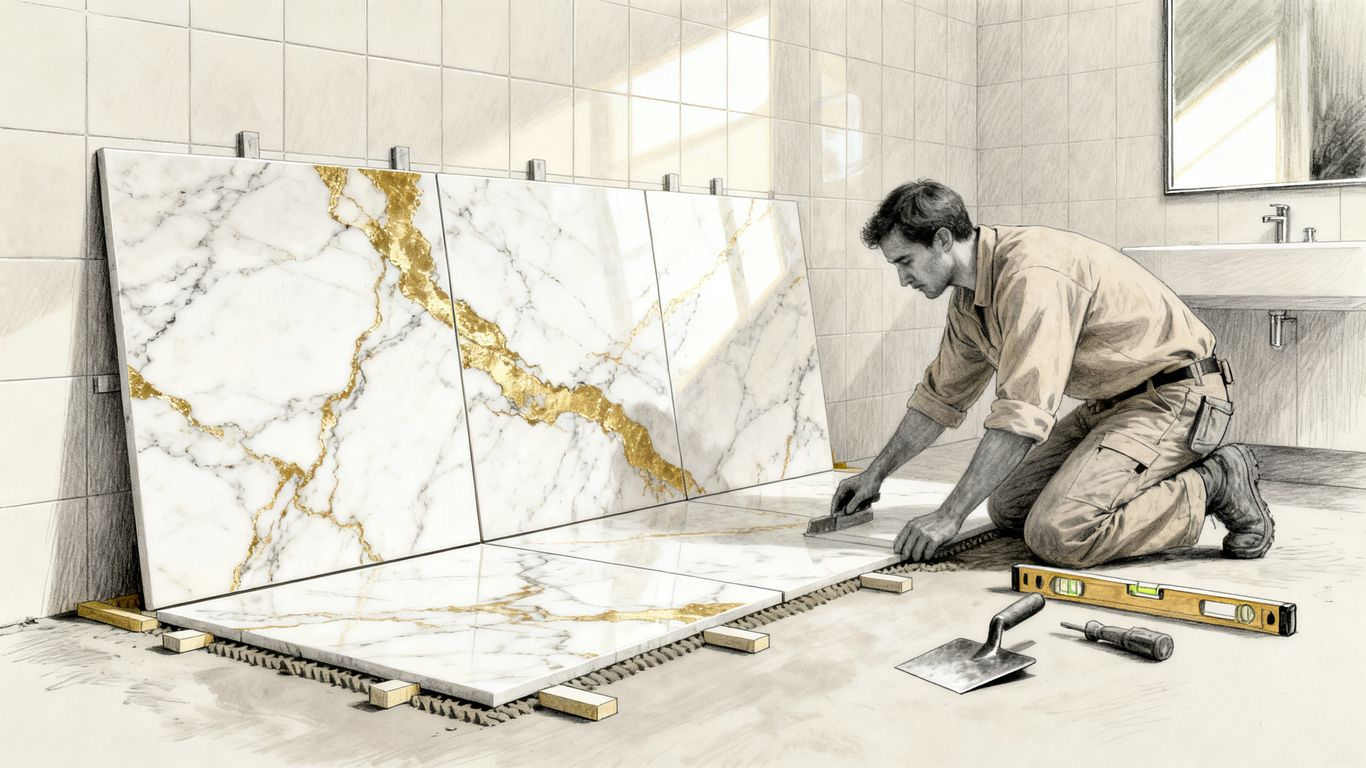 Installer preparing Calacatta marble flooring