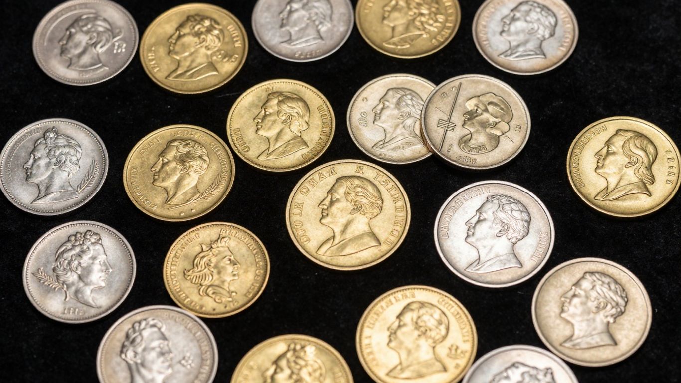 Collection of valuable coins on velvet cloth.