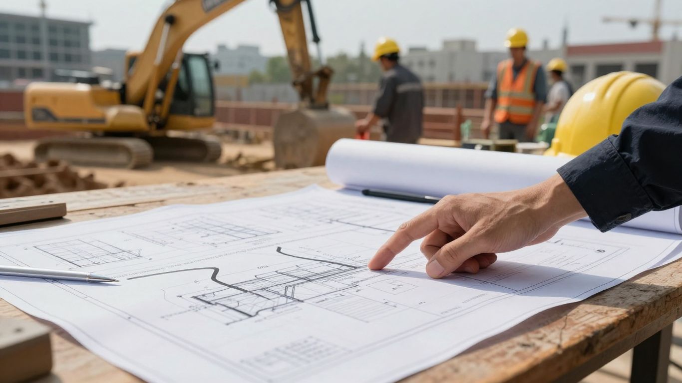 Construction site with blueprints and workers.