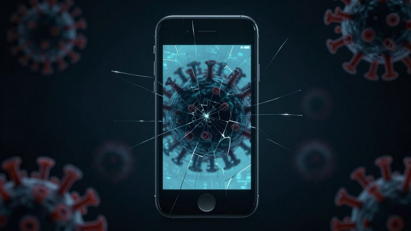 Cracked iPhone screen with shadowy digital virus overlay.